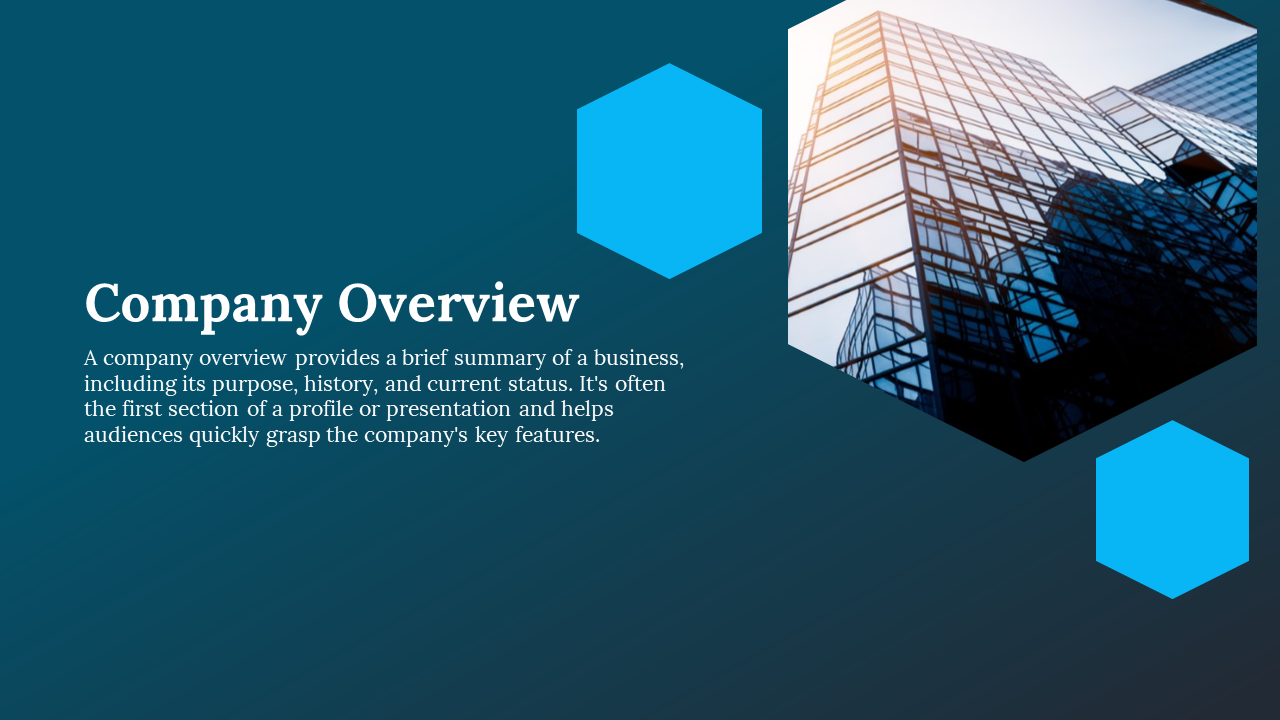 Company overview slide with a modern building image and blue hexagonal design elements, explaining a business summary.