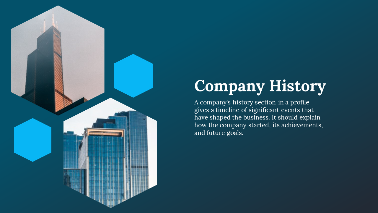 A company history slide with hexagonal elements and a city building background with blue hexagonal designs.