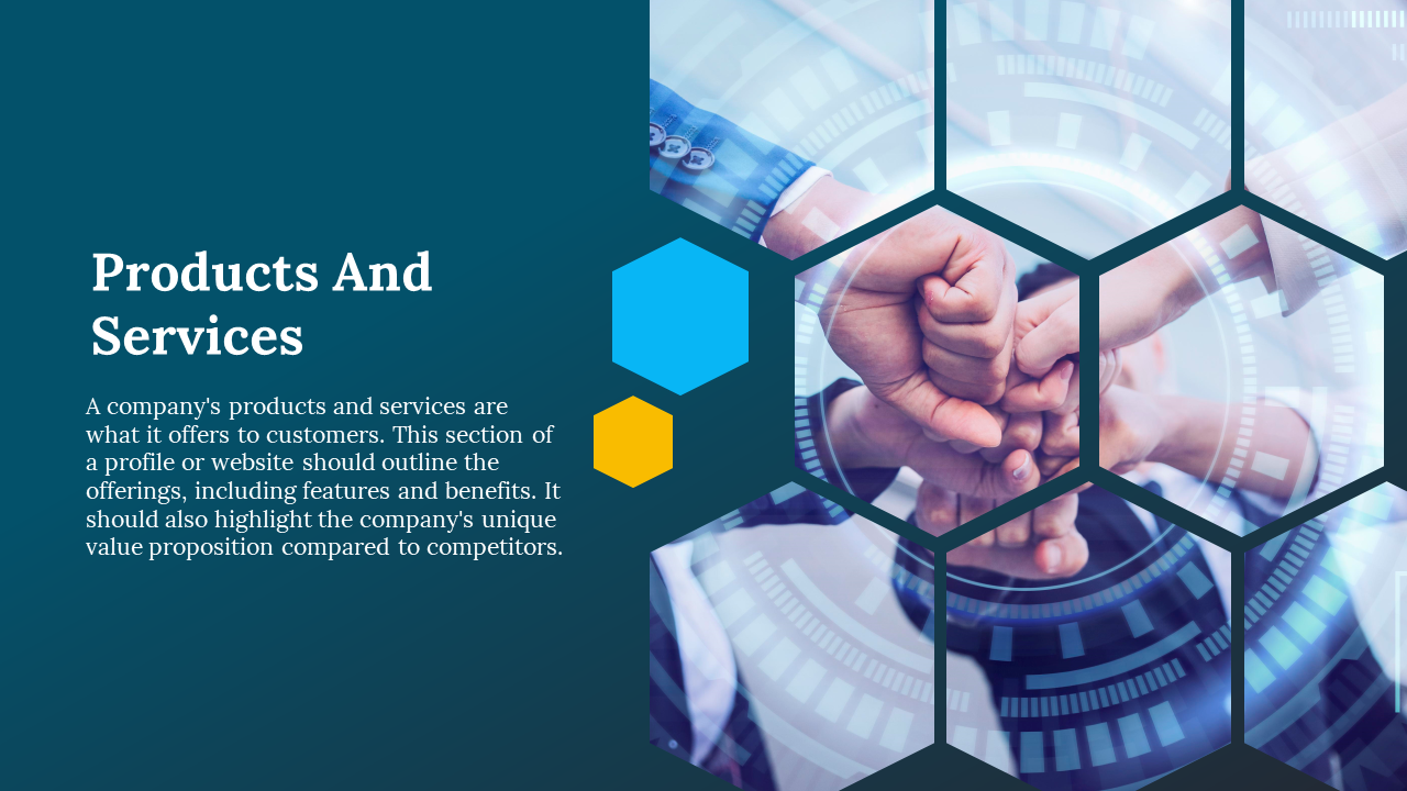 Products and services slide with hexagonal shapes and hands shaking over a digital background on a blue theme.