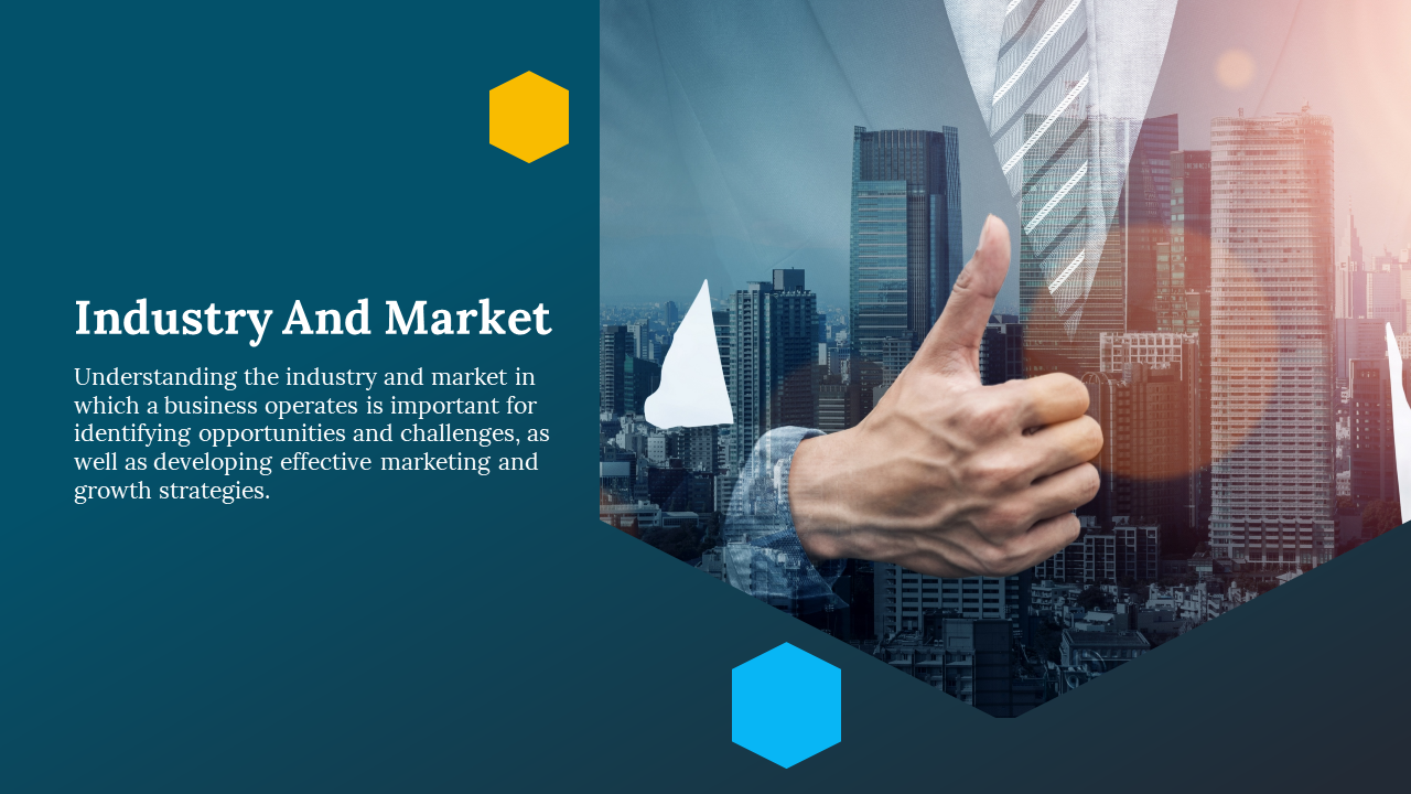 Industry and market slide with hexagonal shapes and a person giving a thumbs up over a city skyline on a blue theme.