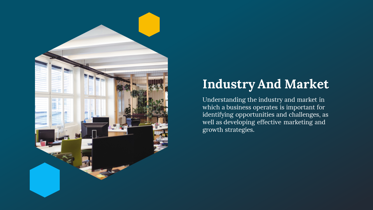 Industry and market slide featuring an office with plants and computer desks discussing business opportunities on blue theme.
