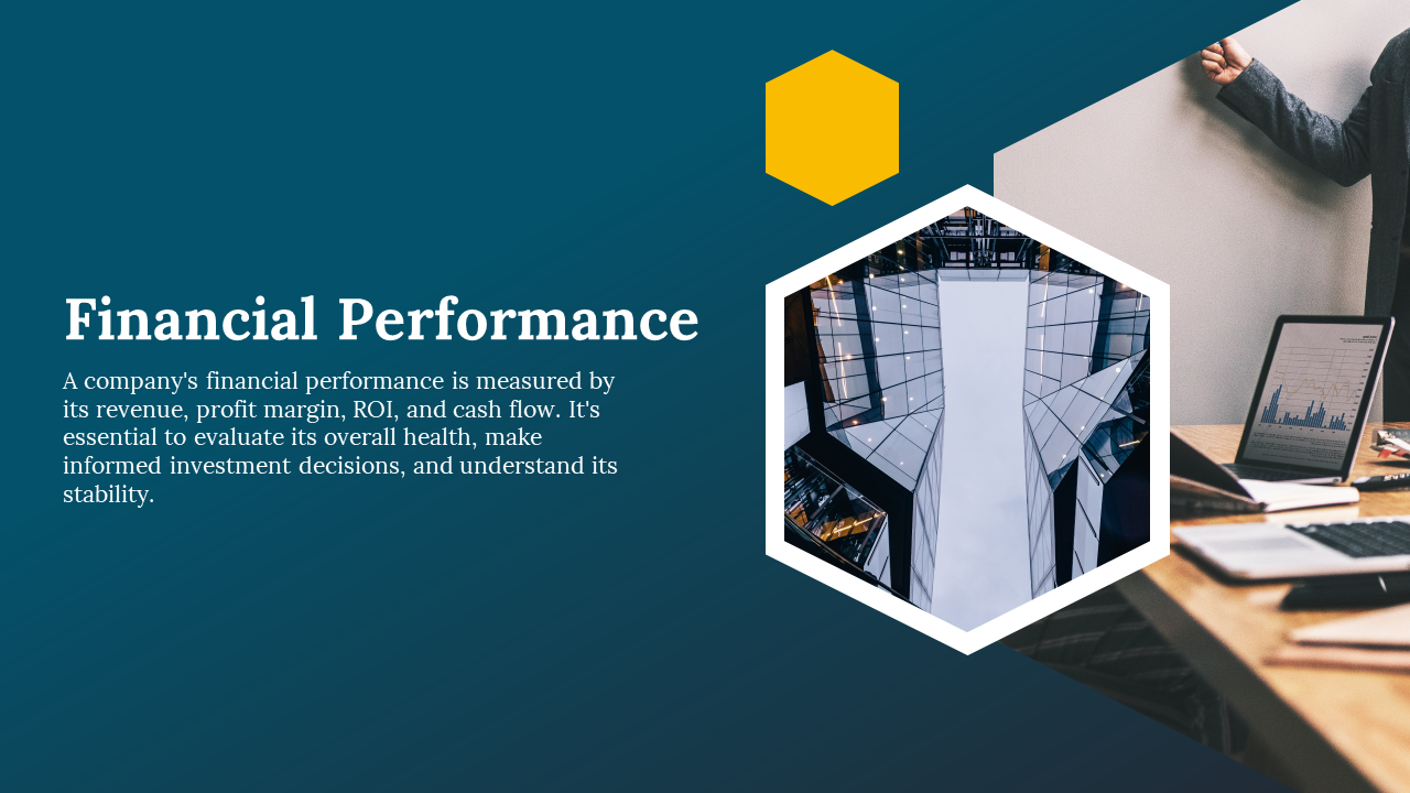 Financial performance slide showing a modern building exterior and a laptop with financial data on a blue theme.