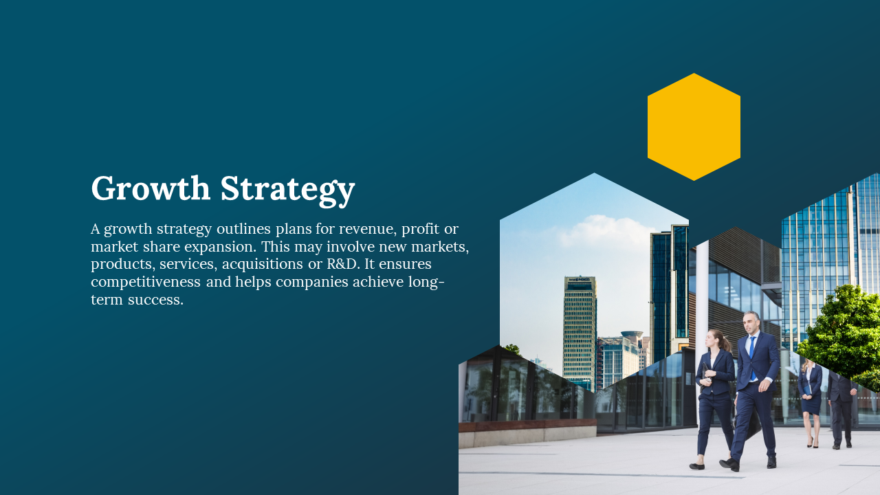Growth strategy slide featuring business professionals walking in front of modern office buildings on a blue theme.