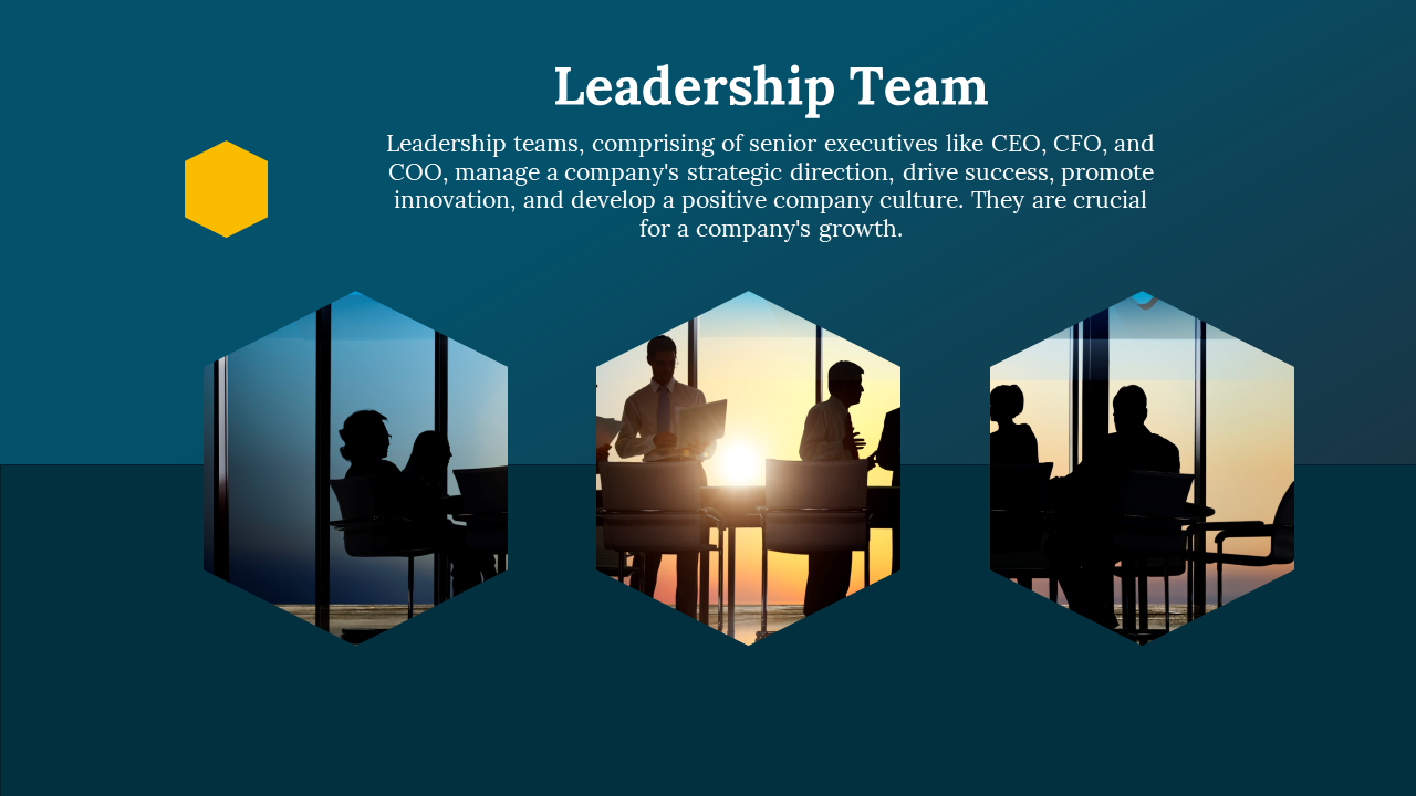 Leadership team in a meeting, with silhouettes of executives against a sunset on a blue theme.