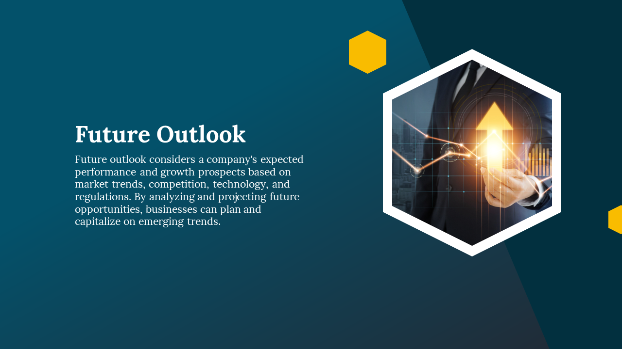 Businessman with a digital graph and rising arrow, representing future outlook and strategic growth on a blue theme.