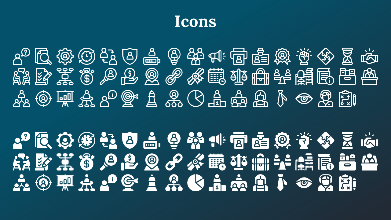 A collection of white icons representing business processes, team collaboration, security, and data analysis on a blue theme.