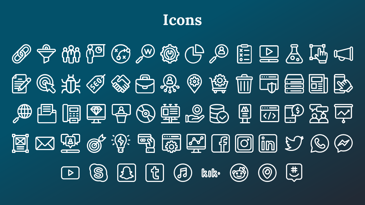 A set of white icons related to digital marketing, including social media, analytics, SEO, and communication tools.