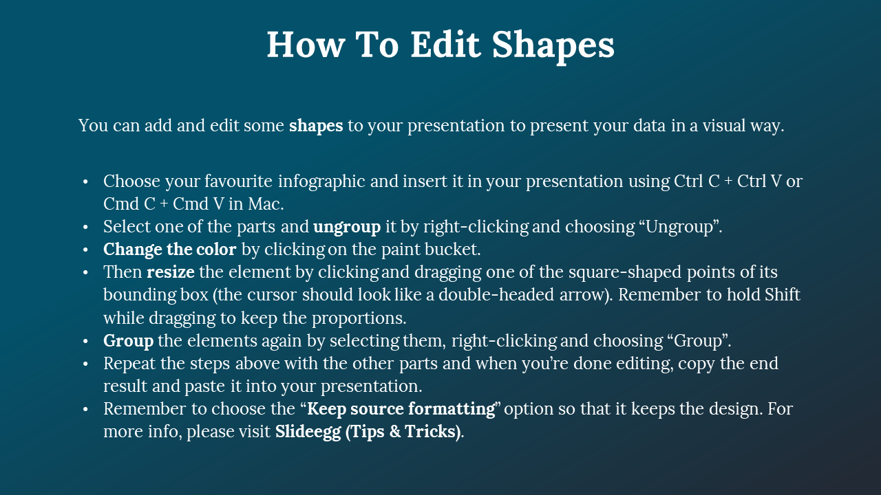 A tutorial slide showing steps to edit shapes in PowerPoint with instructions on ungrouping, resizing, and grouping elements.
