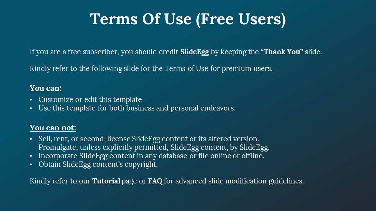 Terms of use for free users, explaining customization rights, restrictions on selling or altering content on a blue backdrop.