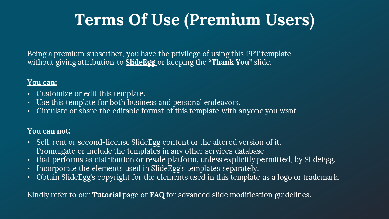 Terms for premium users allowing customization, sharing, and distribution of templates on a blue backdrop.