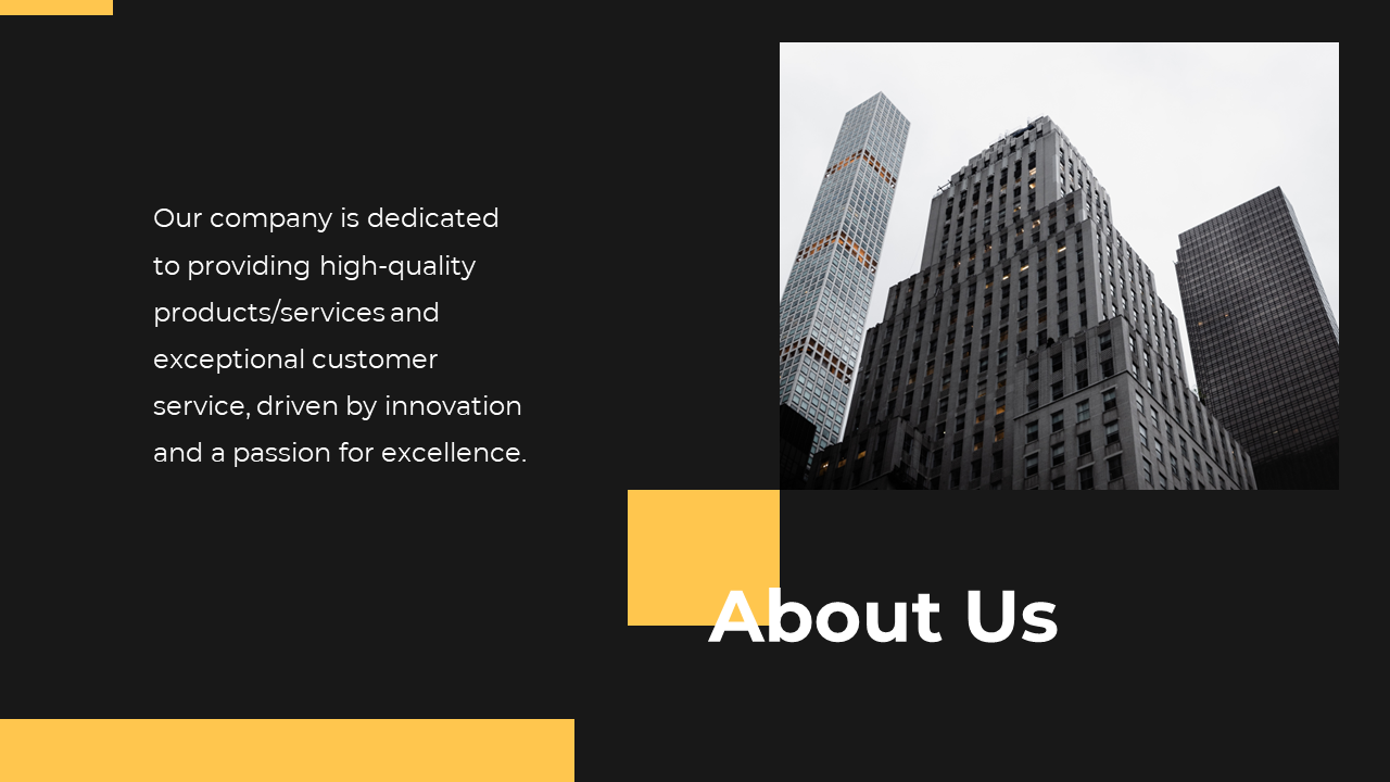 About Us slide featuring a photo of skyscrapers and a description of the company’s dedication on a dark backdrop.