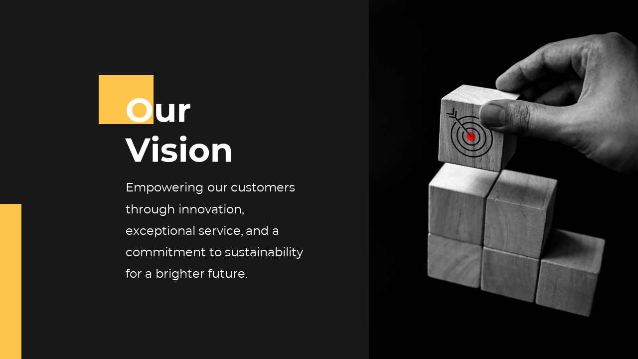 Our Vision slide shows a hand placing a wooden block with a target symbol on top of other blocks in a black theme.