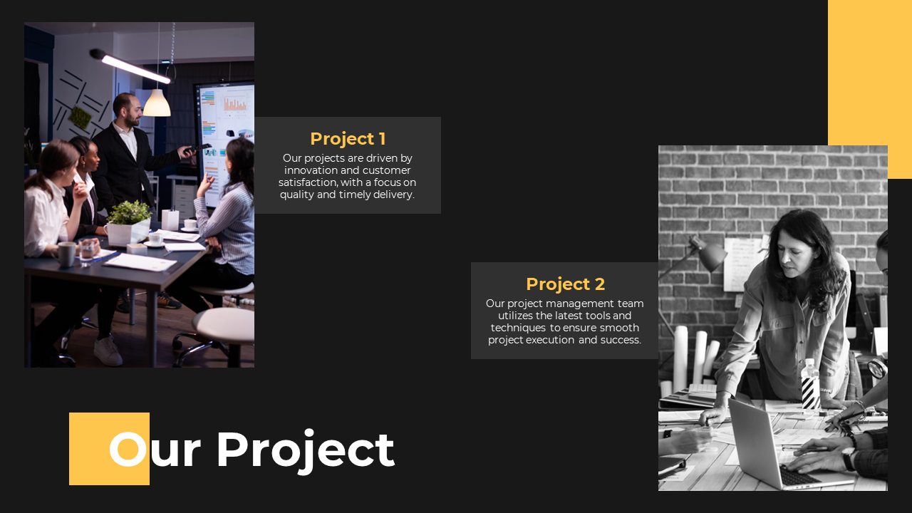 Project slide featuring two scenes a team discussing data in a meeting room and a project manager working on a laptop.