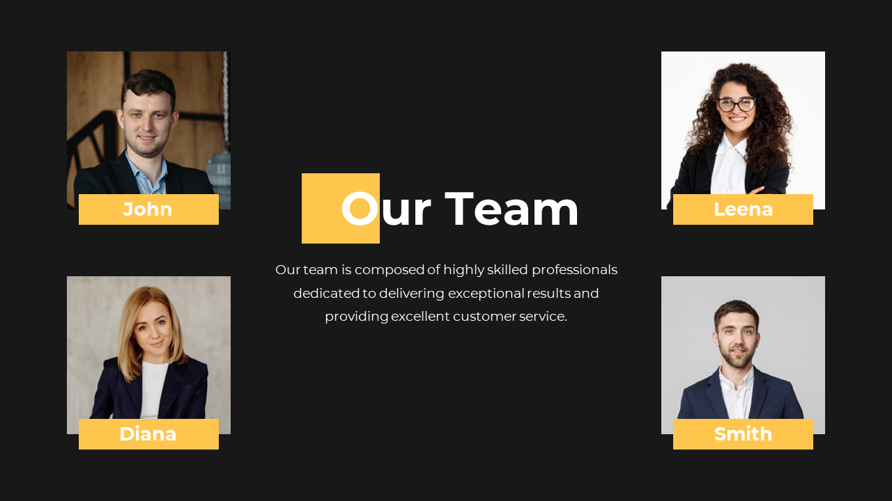 Team introduction slide featuring four professionals on a dark black backdrop.