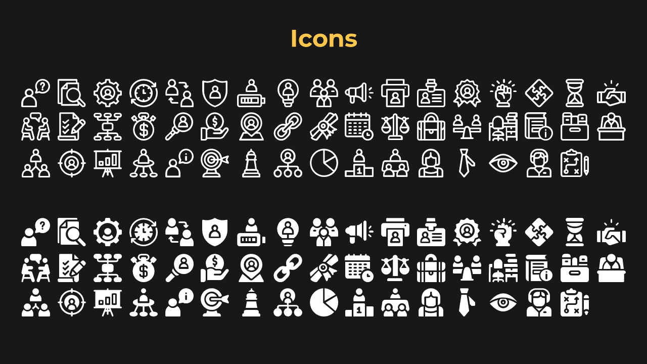 A set of business related icons such as charts, people, security, and time management symbols, arranged in two rows.