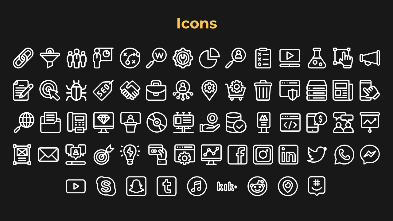 A diverse set of icons representing business processes, marketing tools, social media platforms, and web elements.