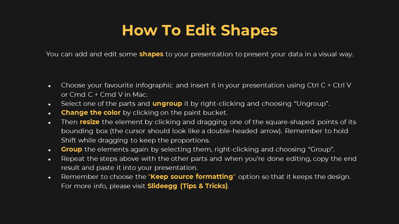 Step by step guide on how to edit shapes in a PPT presentation, including instructions for ungrouping, and changing colors.