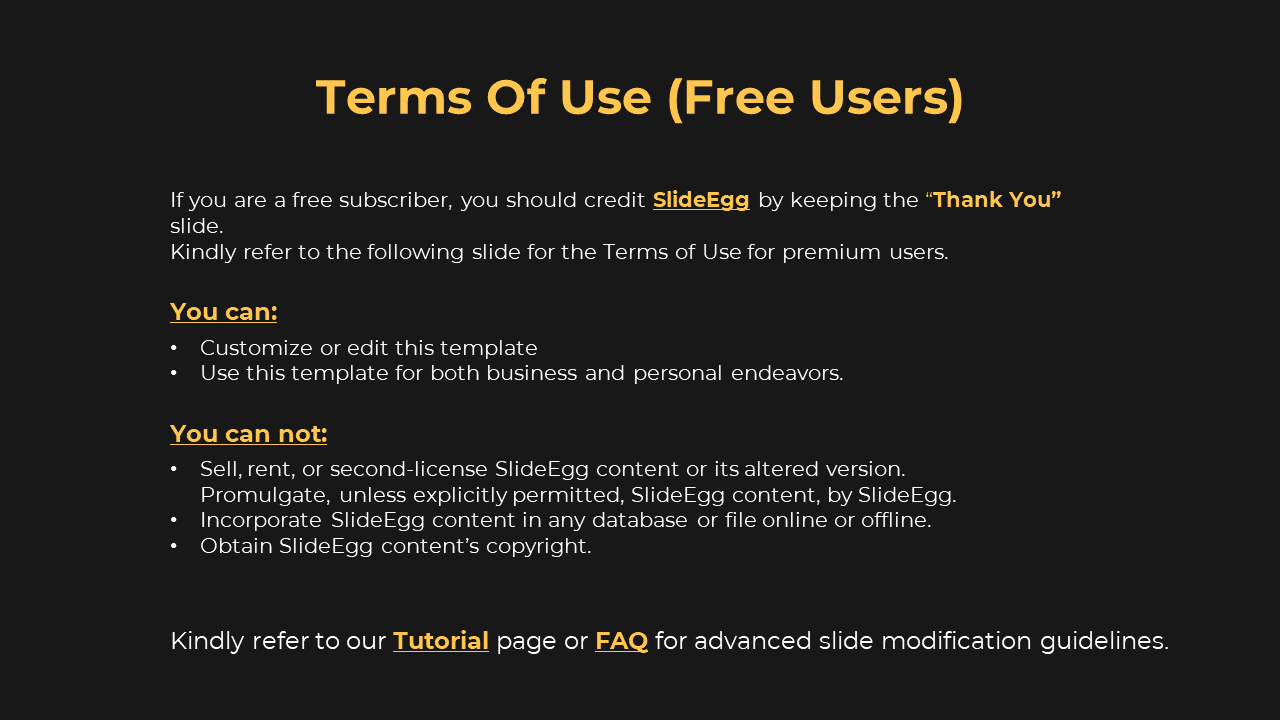 Terms of Use for free SlideEgg users, detailing the permissions for customization, and restrictions on a dark theme.