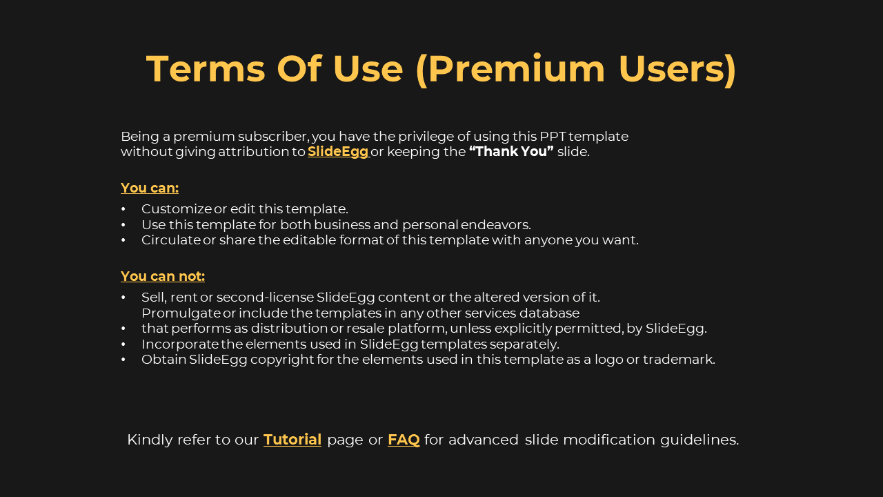 Premium SlideEgg user terms allow editing and sharing templates without attribution on a dark theme.