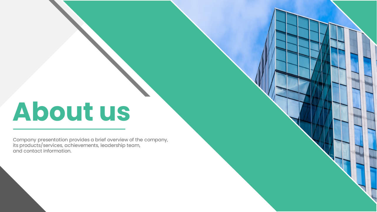 About us slide deck with a diagonal green theme, including sections on company vision, services, and team members.
