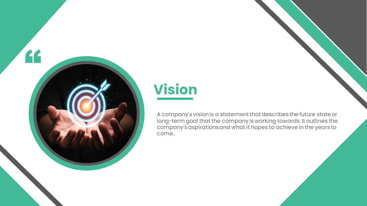 Company vision statement slide, highlighting future goals and aspirations, featuring a hand holding in a green border.