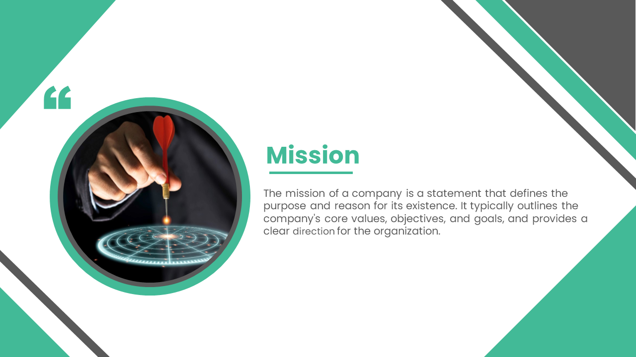 Mission slide showing a statement defining a company's purpose, with an image of a hand throwing a dart at a digital target.