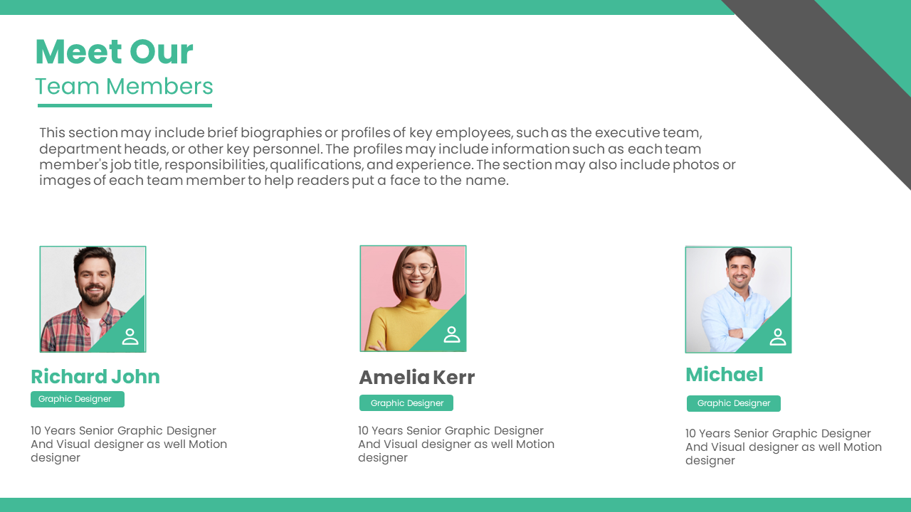 Meet the team slide featuring 3 graphic designers each with their experience and job titles in green border on a white theme.