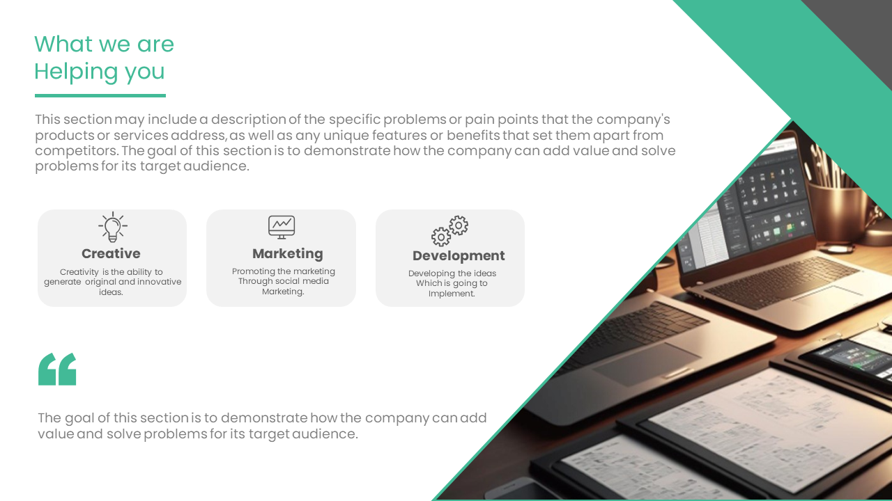 Helping you section featuring creative, marketing, and development concepts with related icons and a workspace background.