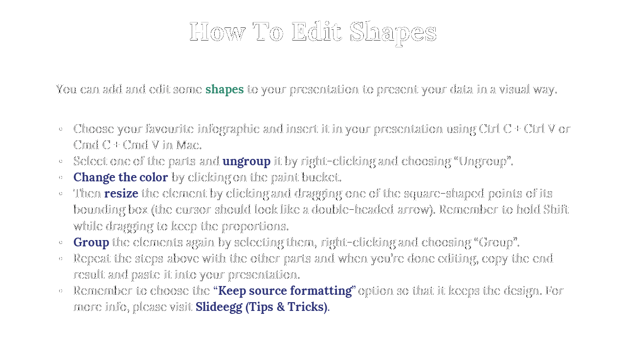 A tutorial on how to edit shapes in a PowerPoint presentation, including steps for changing color, resizing, and grouping.