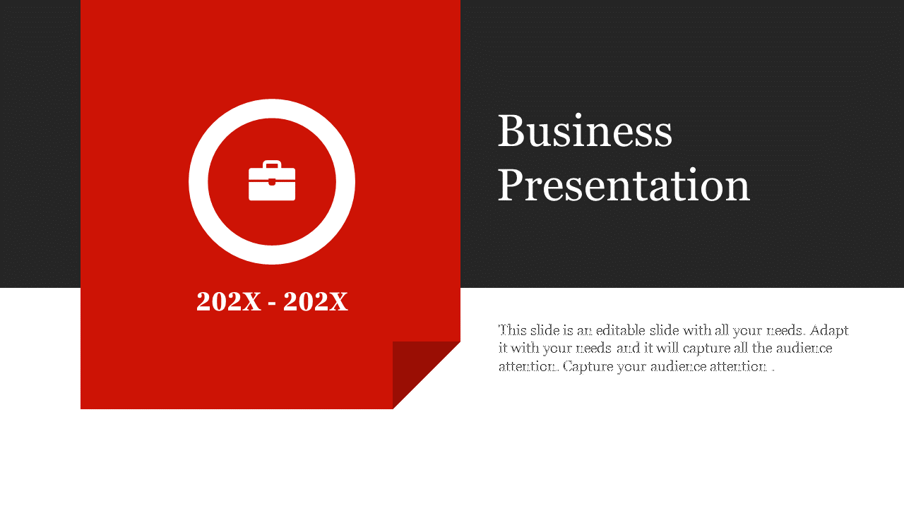 Business presentation layout with a red banner featuring a briefcase icon and date range, and title on a dark background.