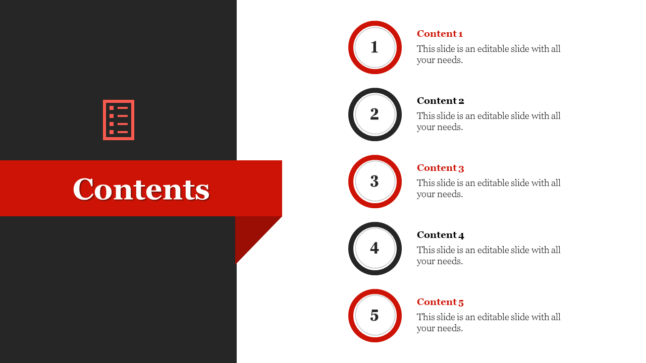 Slide with five numbered circles in red and black, each representing a content section, and a ribbon labeled with title.