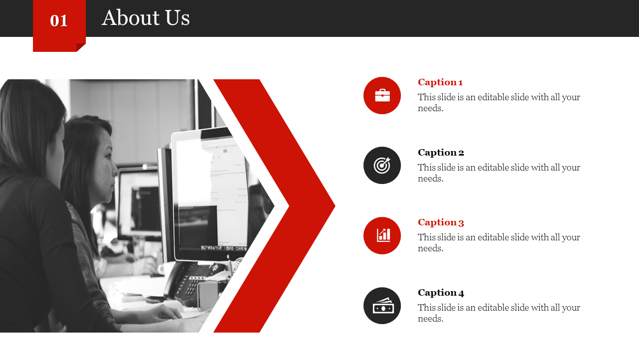 Slide with an arrow pointing right, four red and black icons, and a black and white photo of two people working together.