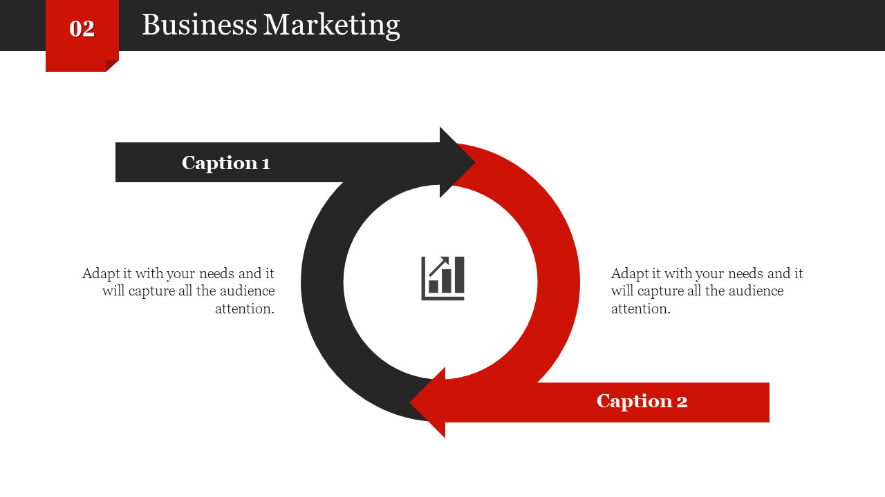 Circular business marketing design with two arrows in red and black, pointing towards a center graph icon, with captions.