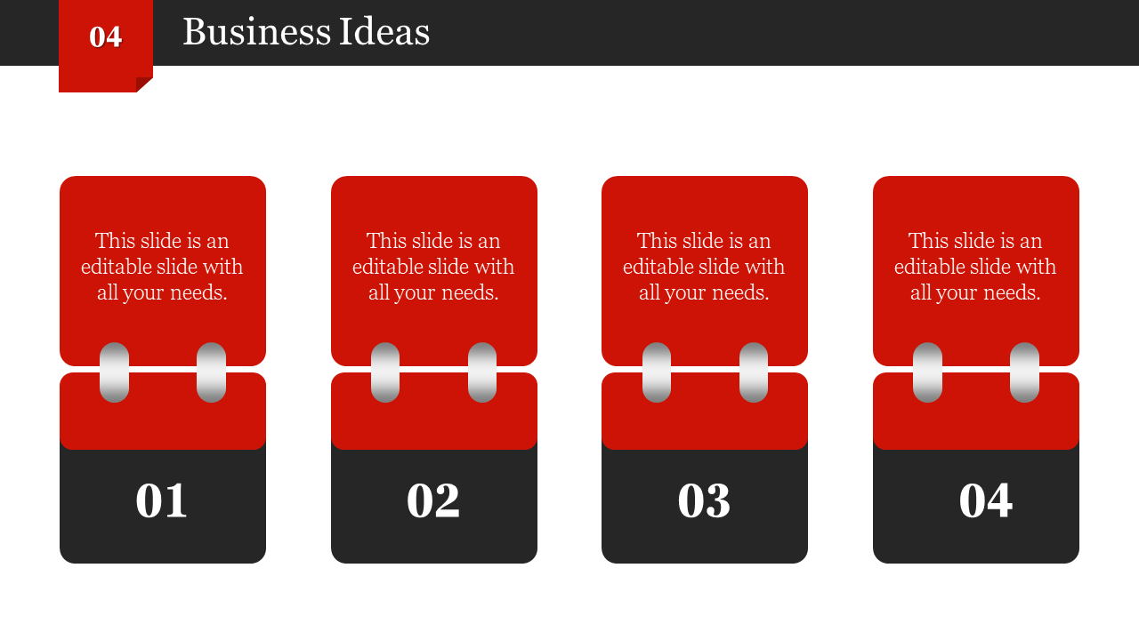 Business ideas slide featuring four red and black rectangular blocks with spiral binds, each with a number and caption.