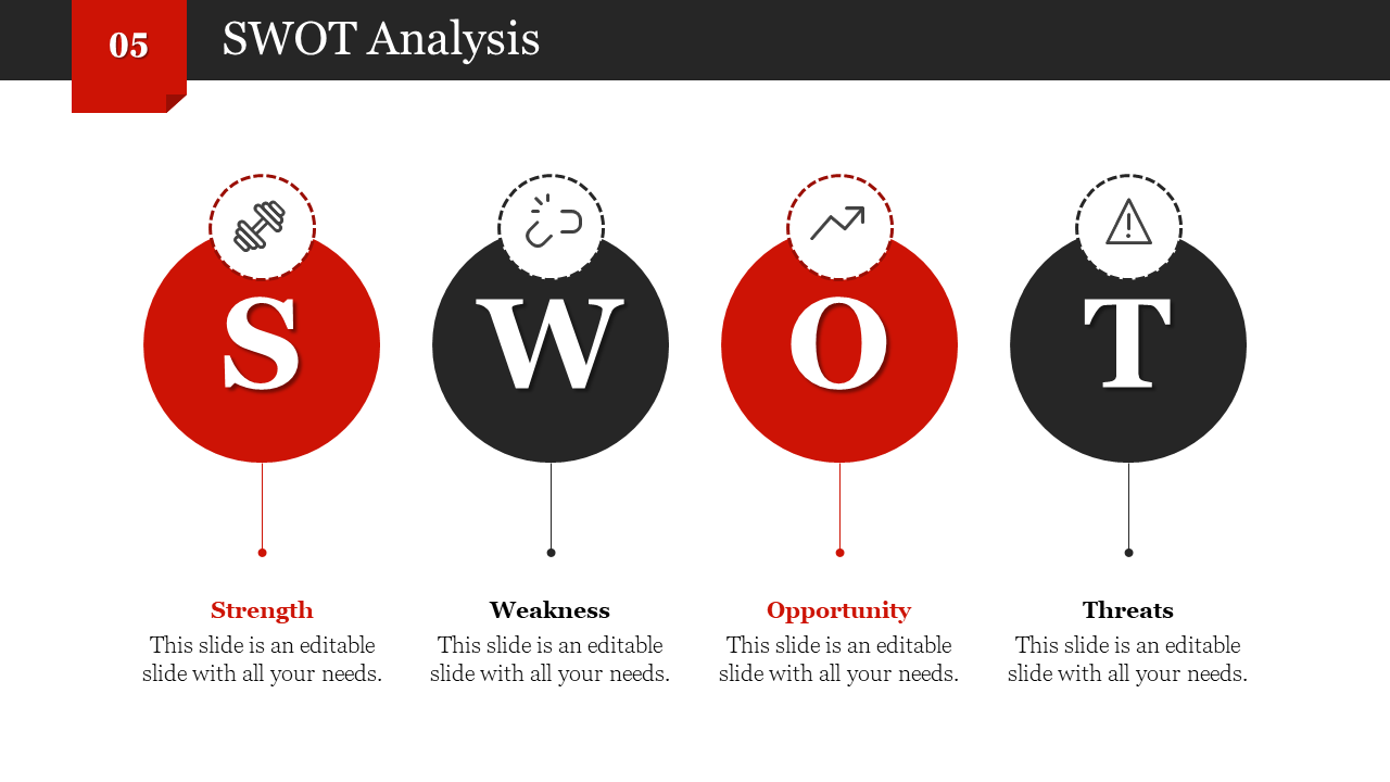 SWOT analysis slide with four circular icons in red and black, each containing a letter and an icon.