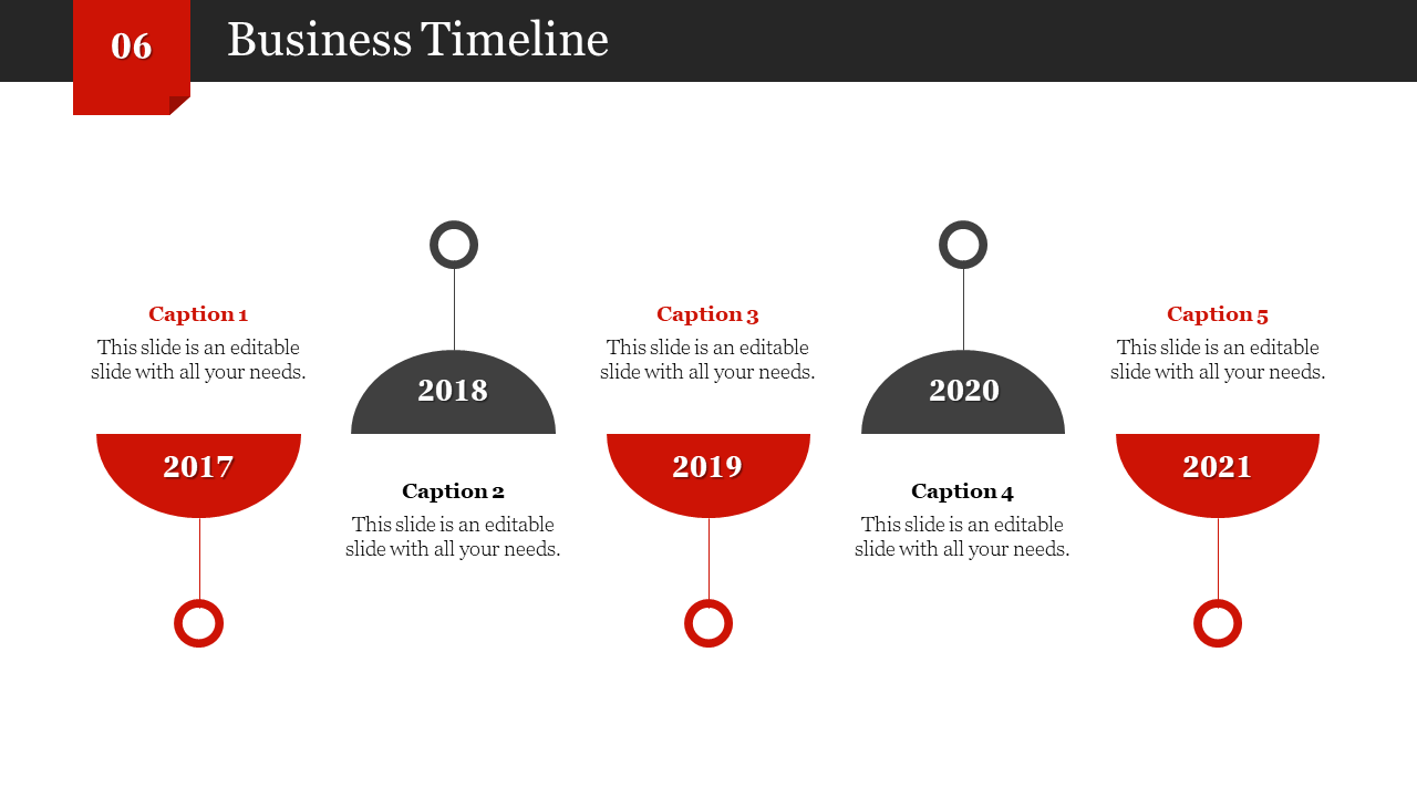 Business timeline from 2017 to 2021, displayed in semi circular icons, alternating red and black, with captions.