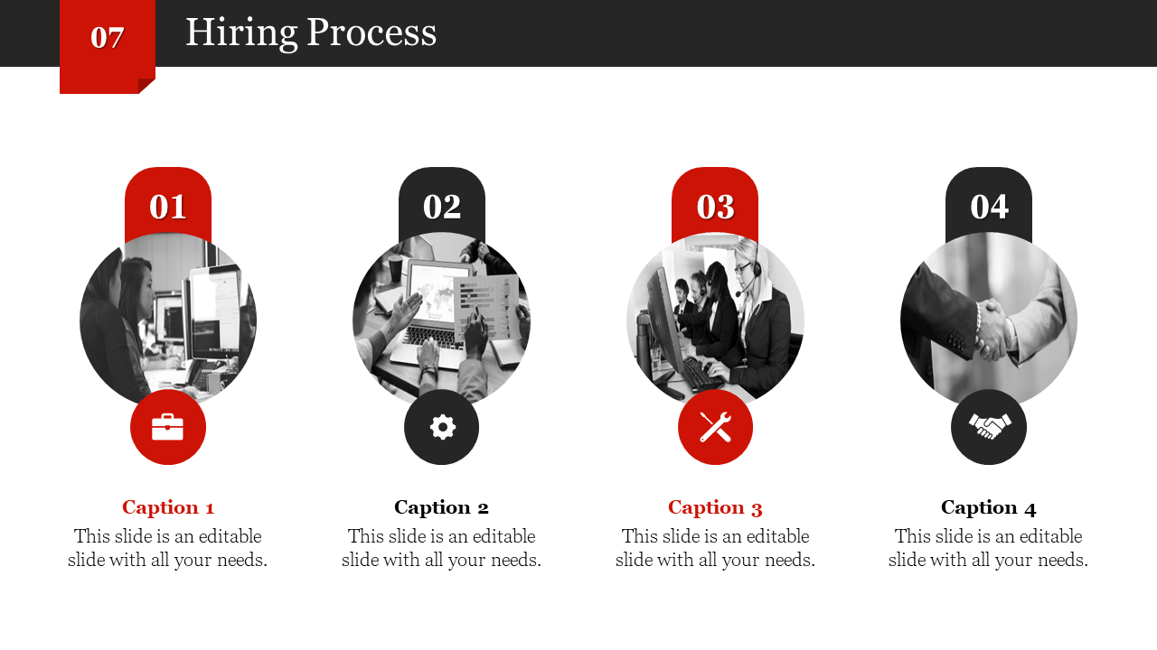 Slide with four numbered steps in circular red and black icons, each featuring a photo related to the hiring process.