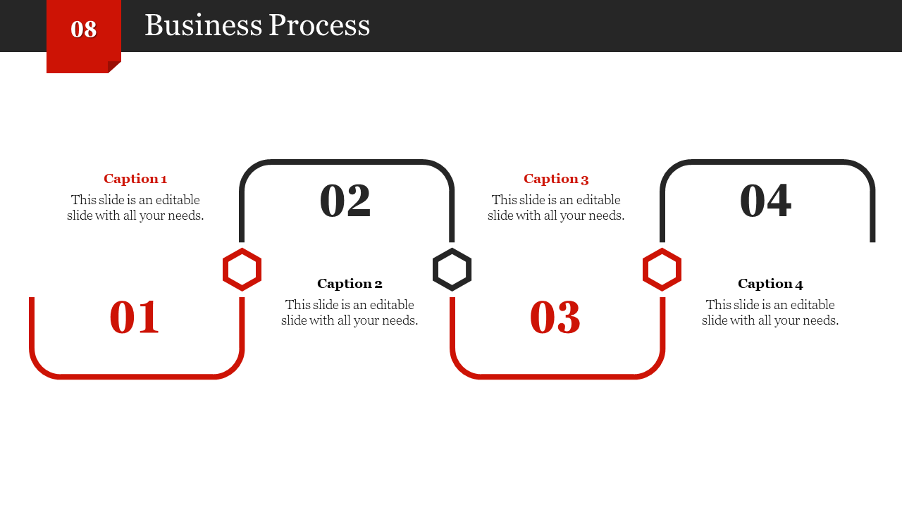 Linear flowchart with four sections in red and black, each with numbers, connected by curved lines and hexagonal icons.