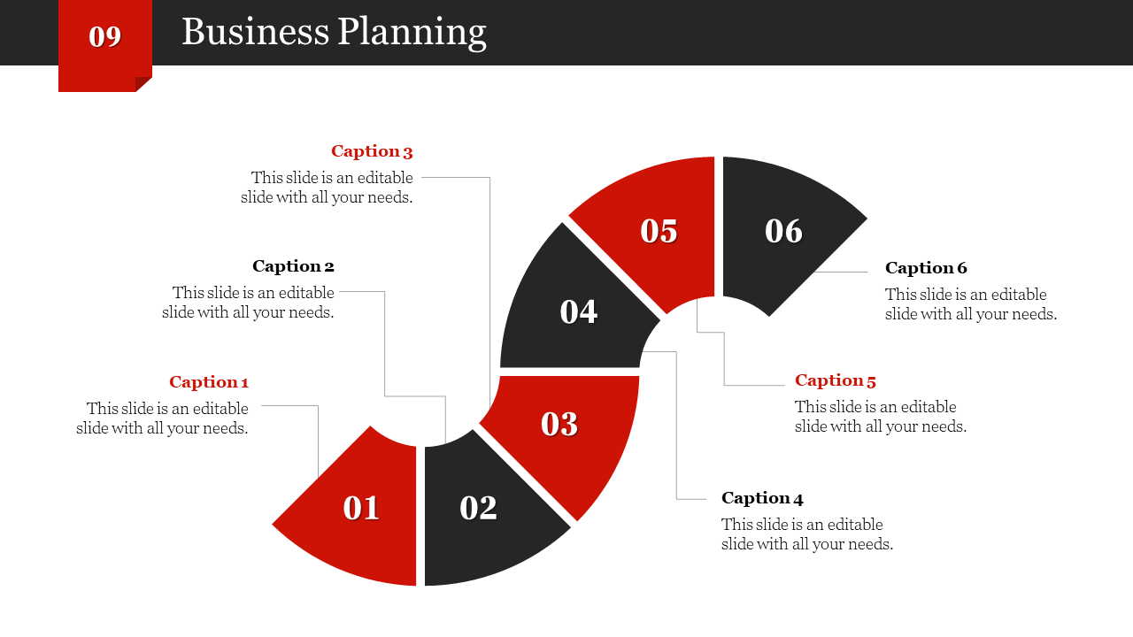 Curved layout with six numbered sections in red and black, each containing a caption, set on a white background.