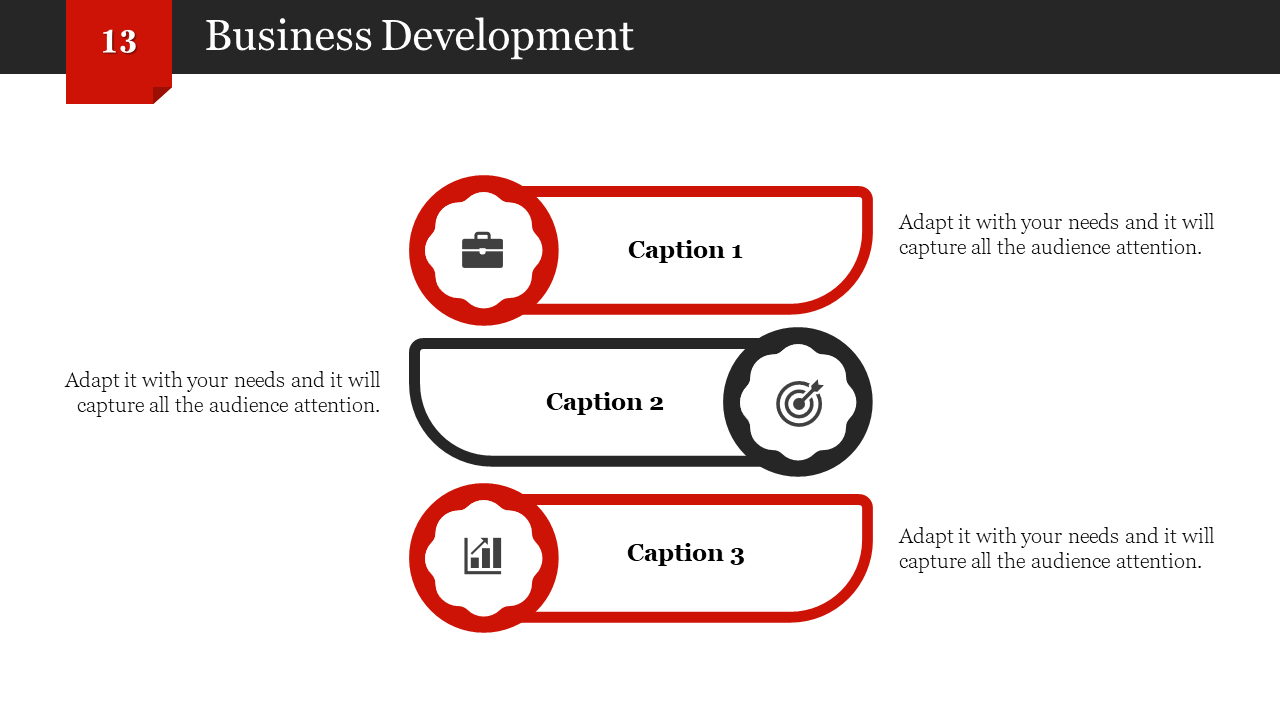 Business development slide featuring three red and black sections, each with a caption and an icon in circular frames.