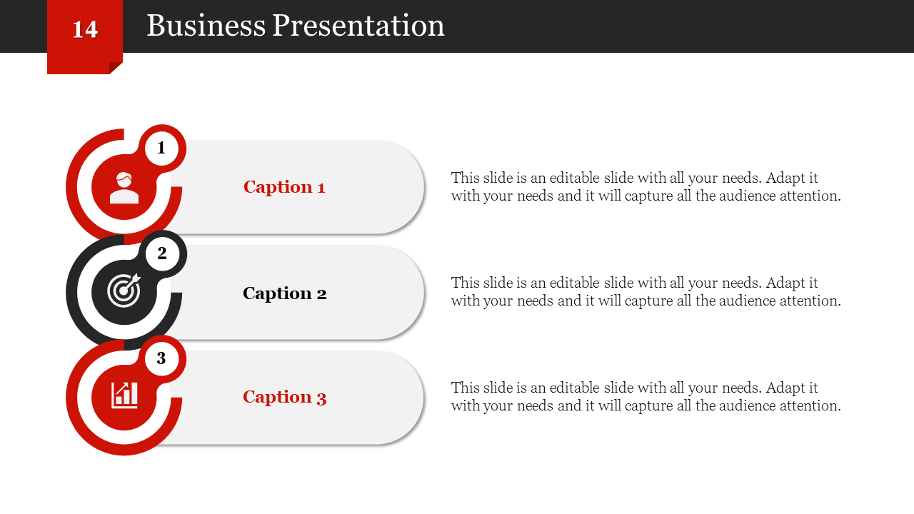 Business presentation slide with three numbered red and black circular sections, each containing an icon and a caption.