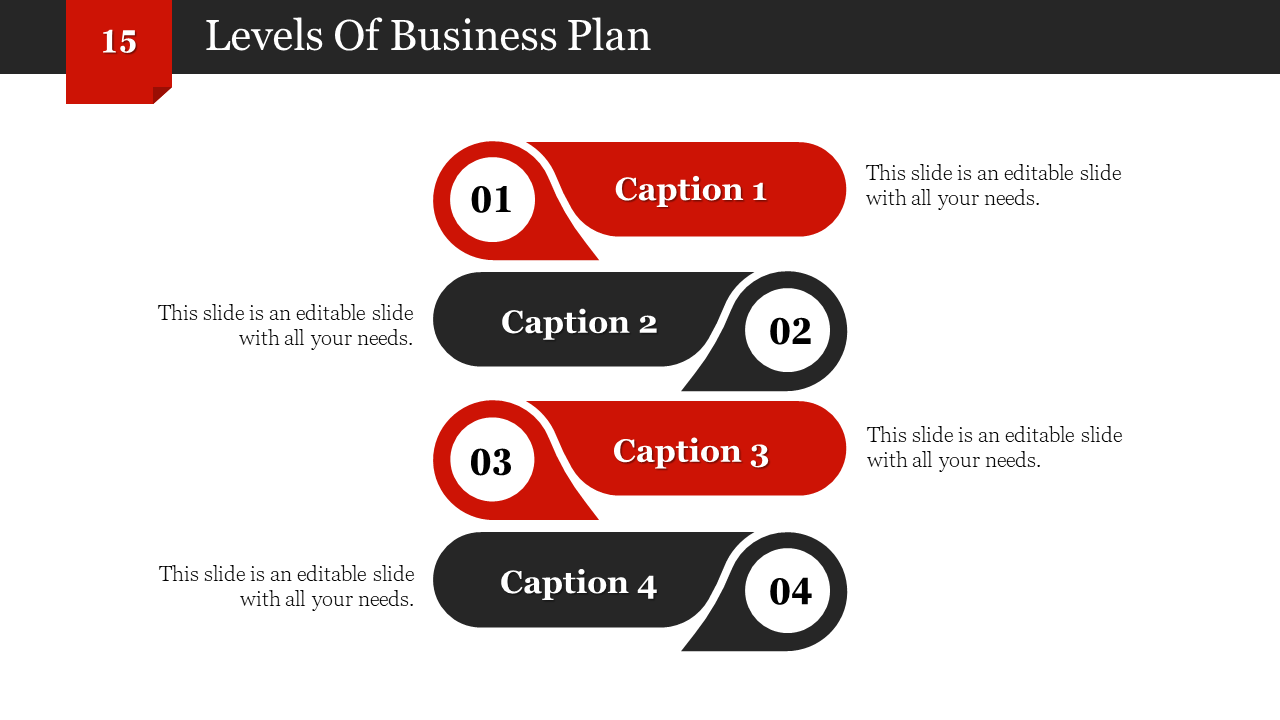 Levels of business plan slide with four red and black sections, each containing a number and caption, arranged vertically.