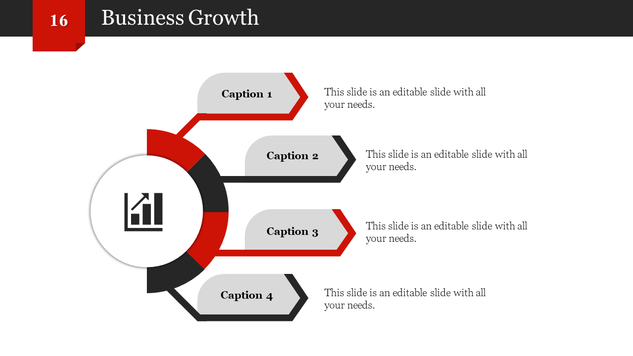 Red and black slide displaying four captioned sections connected by arrows, with a central growth chart icon.