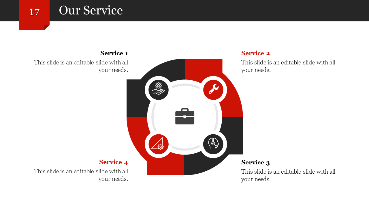 Our service slide showing a circular layout with four red and black segments, each containing an icon and a caption.