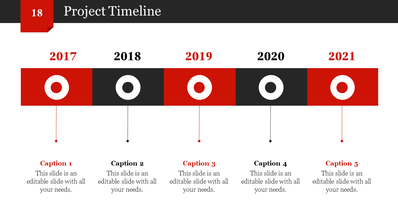 Red and black project timeline slide showing years from 2017 to 2021, with circular markers and corresponding captions.