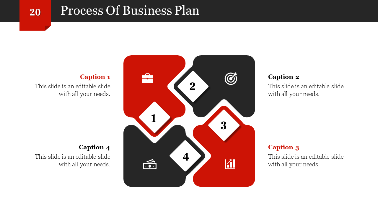 Process of business plan slide with four diamond shaped sections in red and black, each containing an icon and a caption.