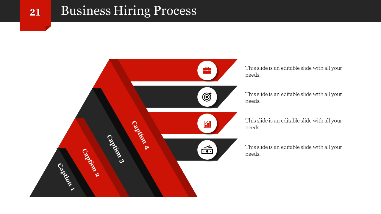 Red and black pyramid shaped diagram illustrating the business hiring process, with four levels, labeled with icons.