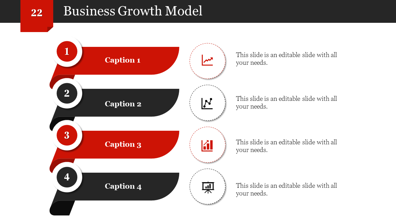 Business growth model slide with four red and black arrow shaped sections, each containing a caption and an icon.