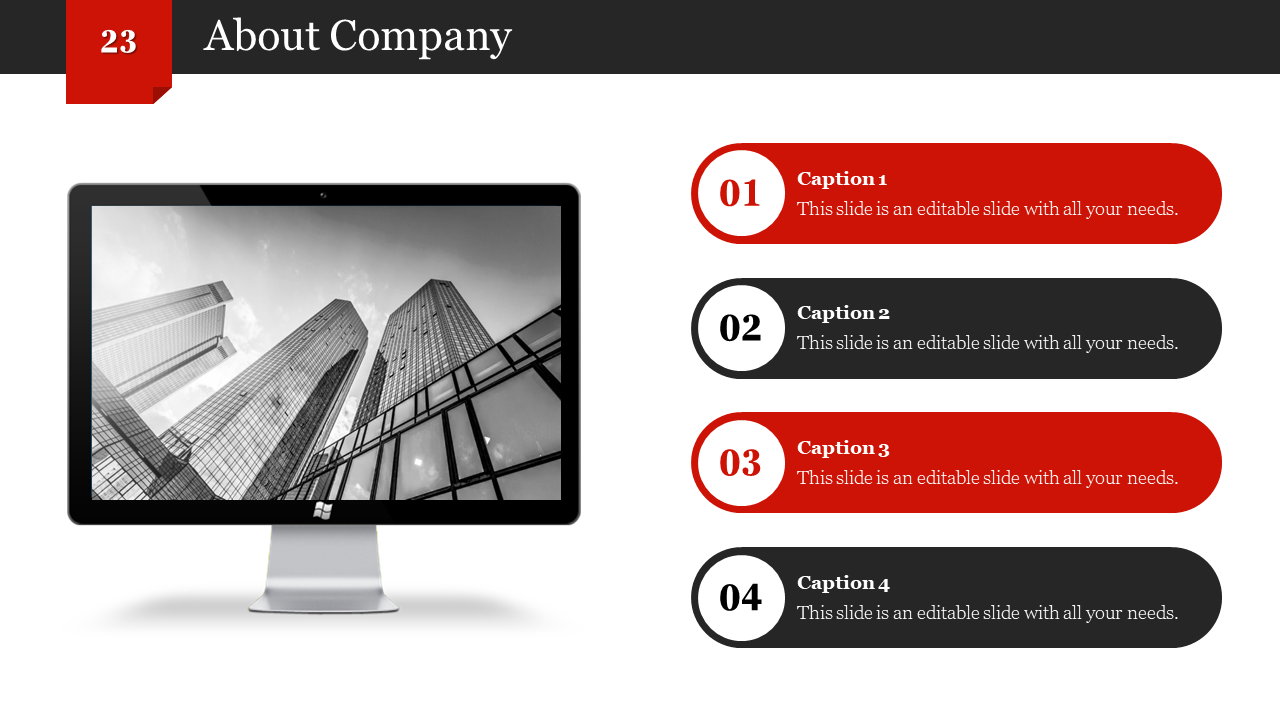 Slide featuring a black and white image of skyscrapers on a monitor, with four red and black caption boxes on the right.