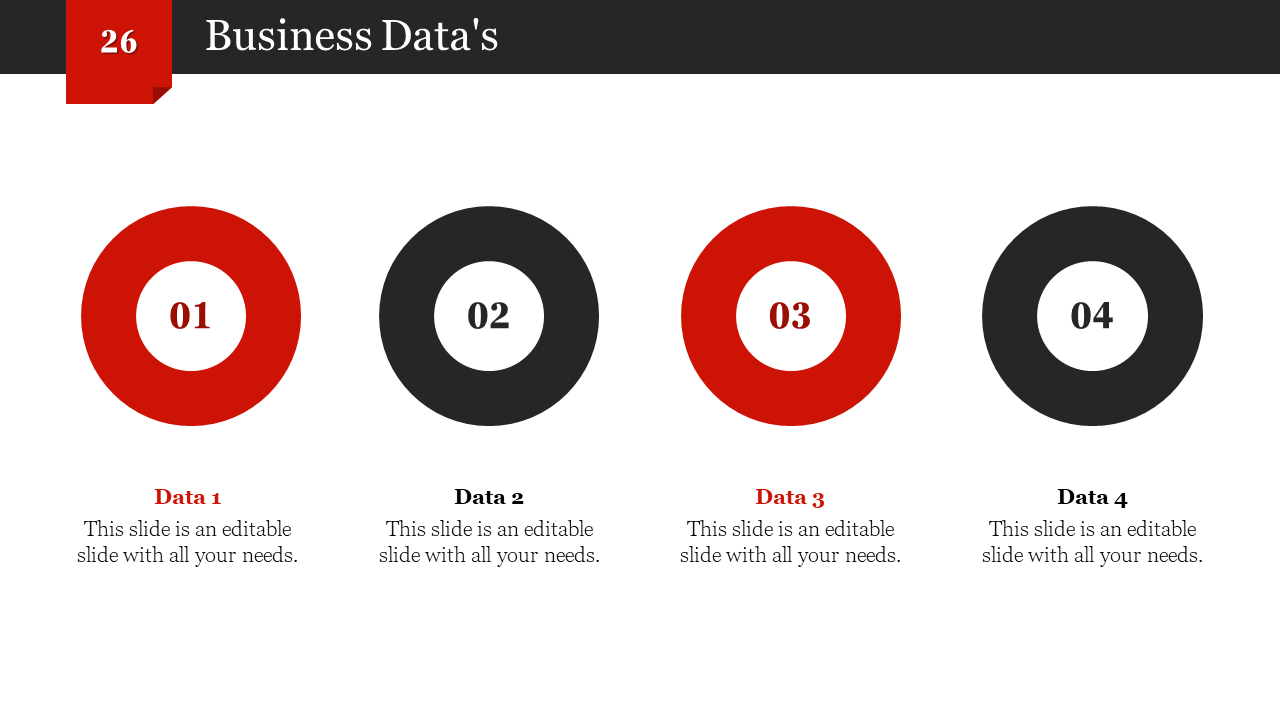 Slide showing four red and black ring shaped icons with numbers from 01 to 04, and captions below.